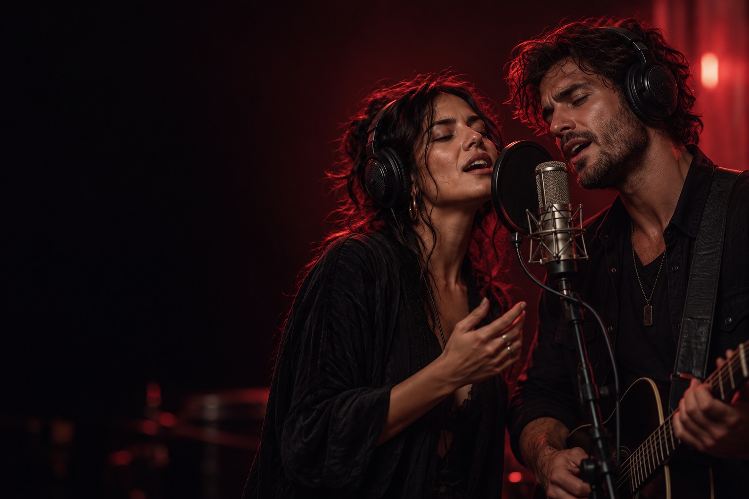 A woman and a man singing together in a recording studio